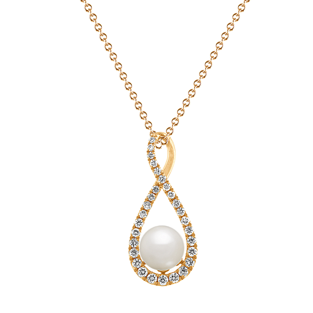 Chateau 6mm Akoya Pearl and Diamond Pendant in 14K Yellow Gold (18 in)