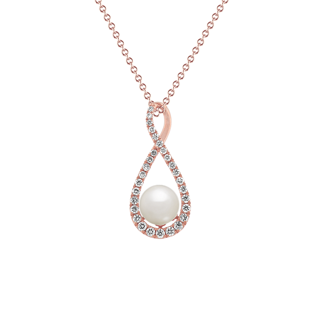 Chateau 6mm Akoya Pearl and Natural Diamond Pendant in 14K Rose Gold (18 in)