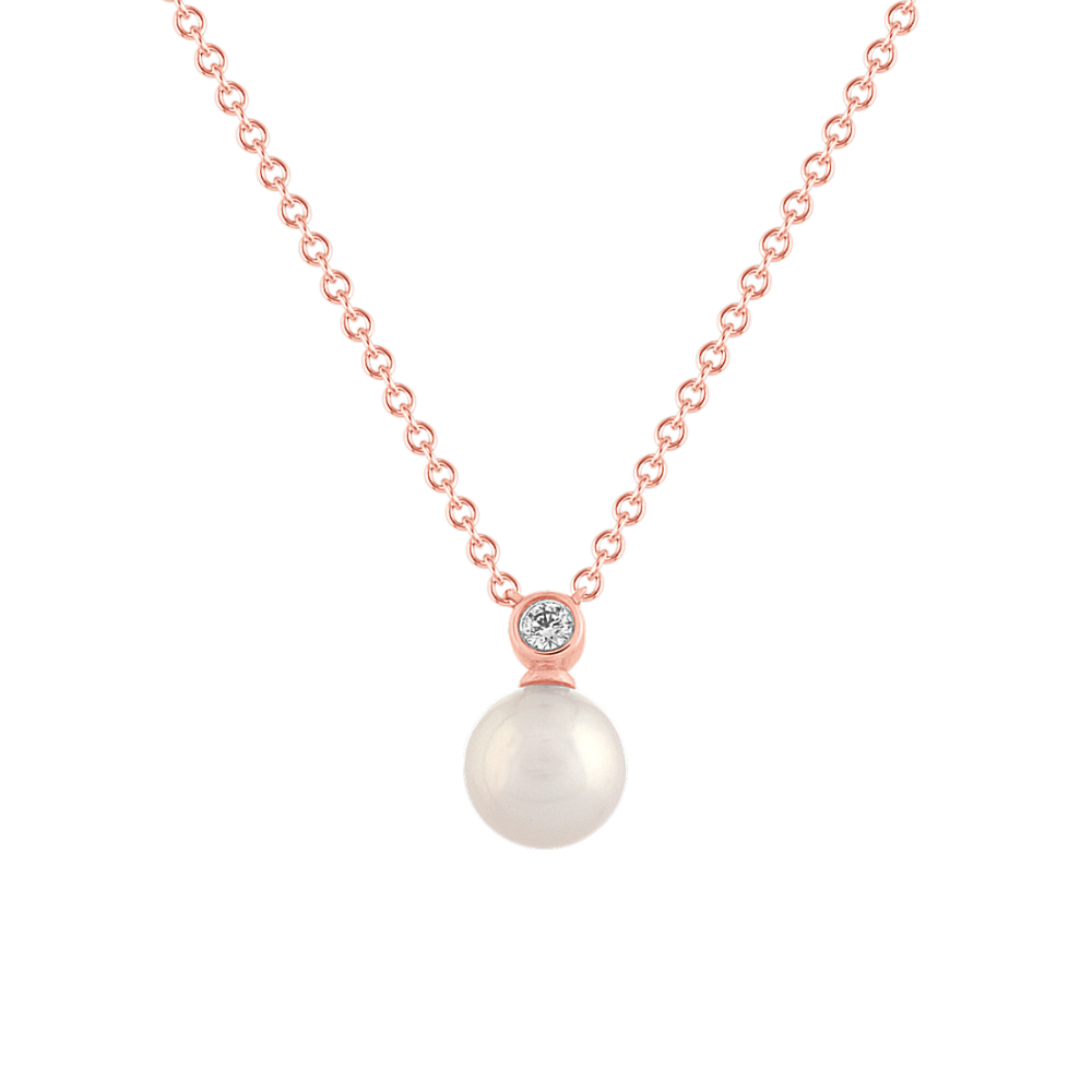 6mm Akoya Pearl and Round Natural Diamond Pendant (18 in)