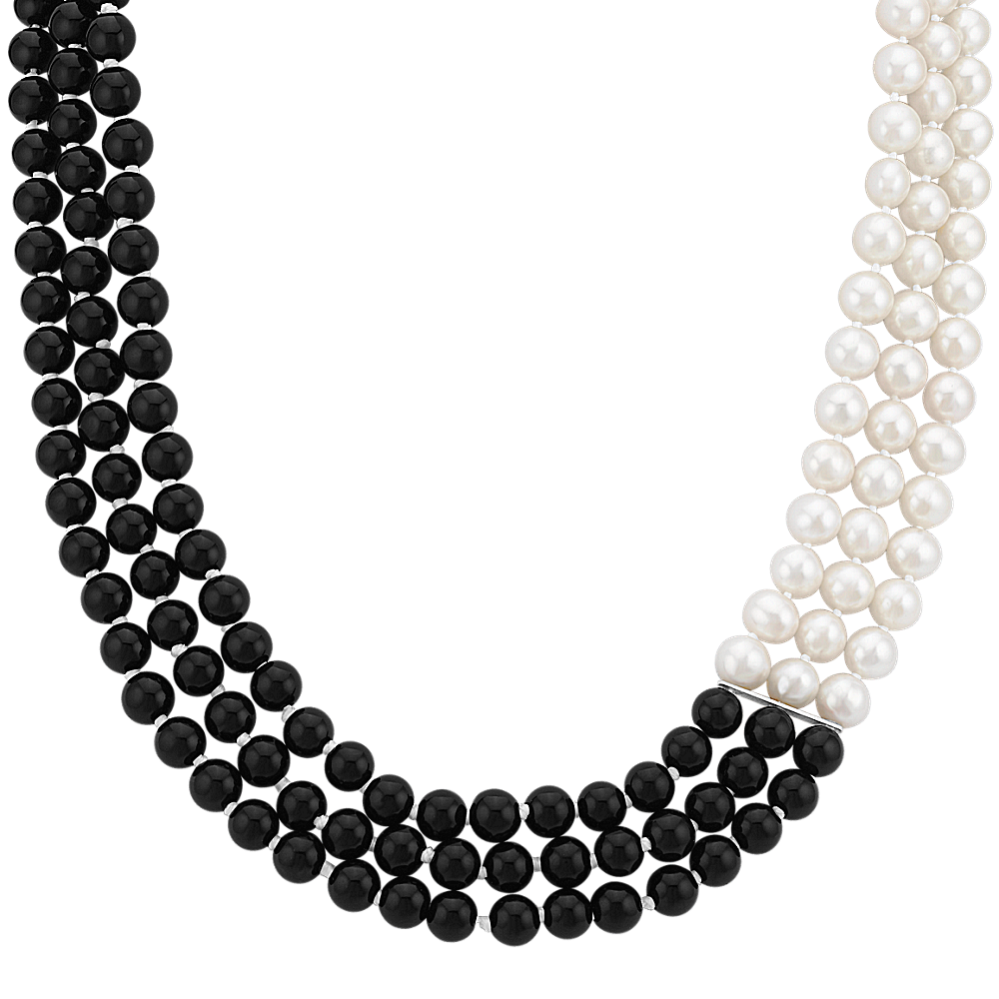 6mm Freshwater Cultured Pearl and Black Agate Necklace (18 in)