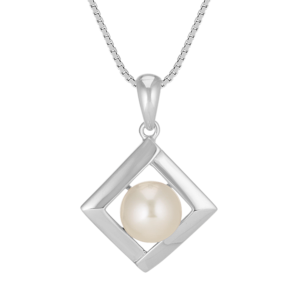7.5mm Freshwater Cultured Pearl and Sterling Silver Square Pendant (18 in)