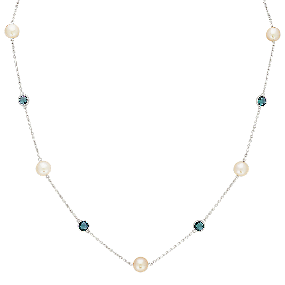 7.5mm Freshwater Cultured Pearl and Blue Topaz Necklace (20 in) | Shane Co.