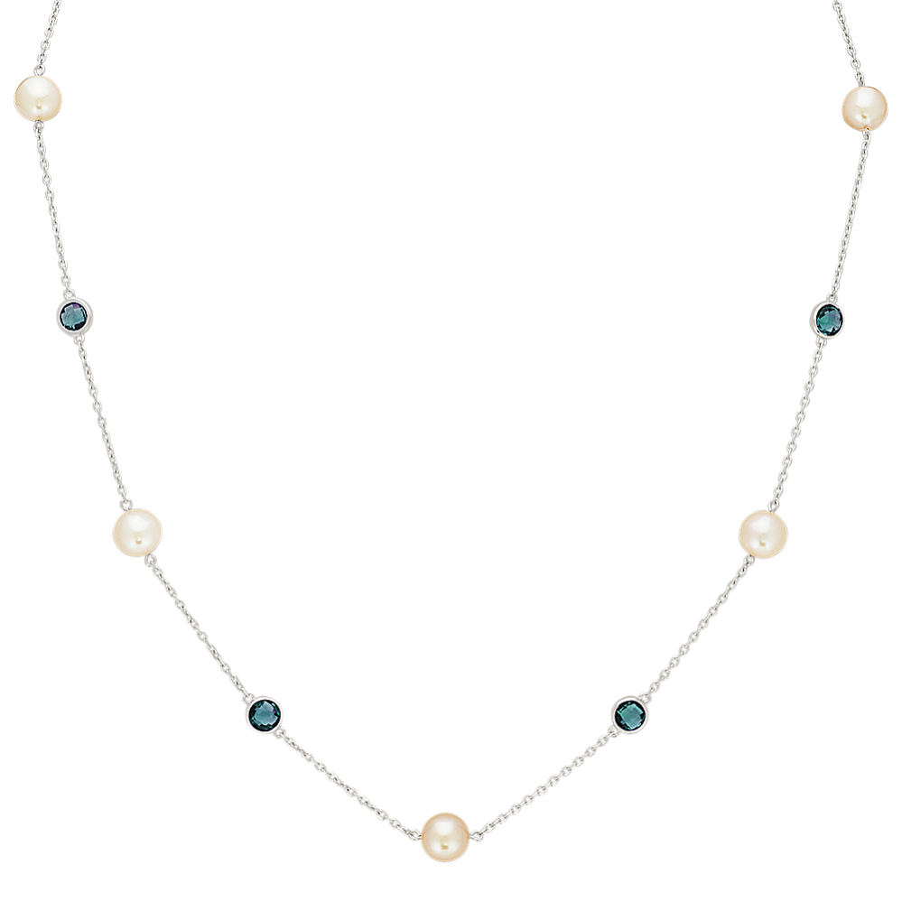 7.5mm Freshwater Cultured Pearl and Blue Topaz Necklace (20 in)