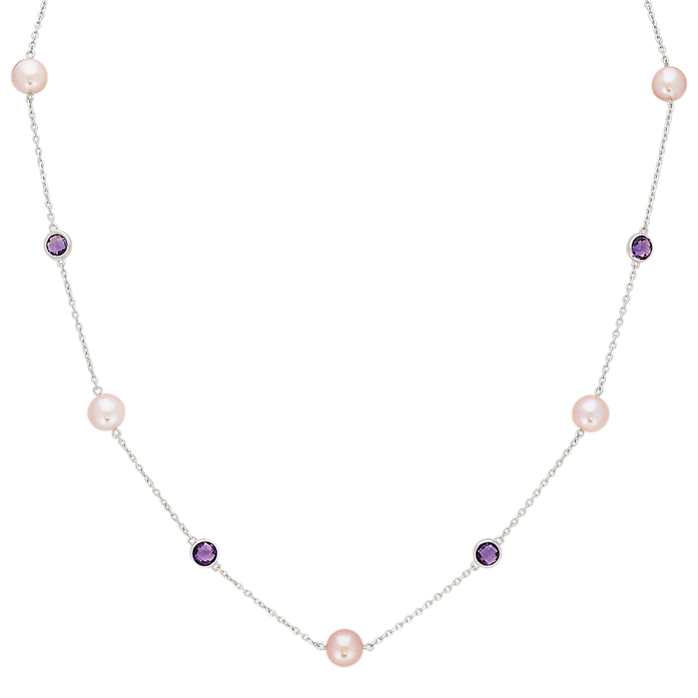 7.5mm Lavender Freshwater Cultured Pearl and Amethyst Necklace (20'')