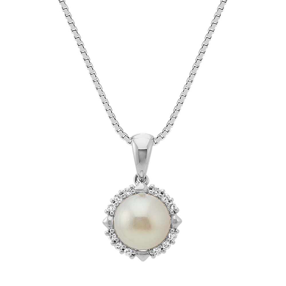 7mm Akoya Cultured Pearl and Round Diamond Halo Pendant (18 in)