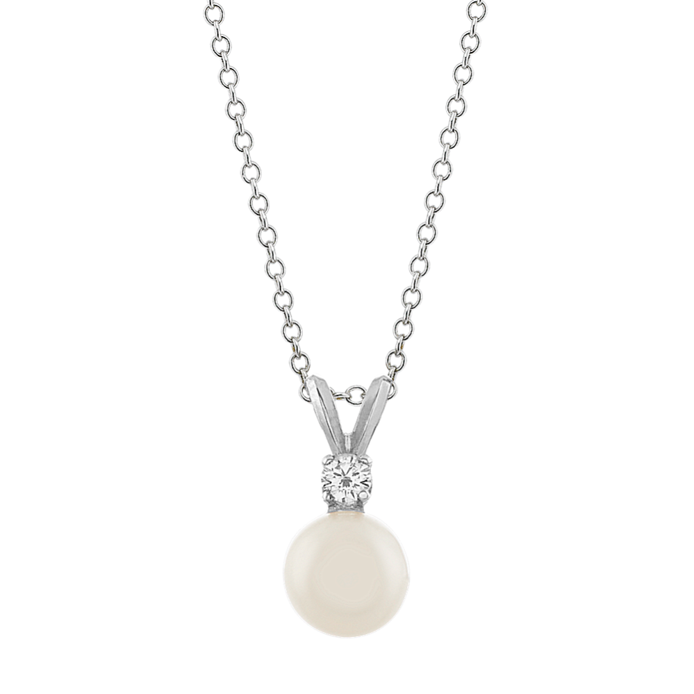 7mm Freshwater Pearl and Diamond Pendant (18 in)