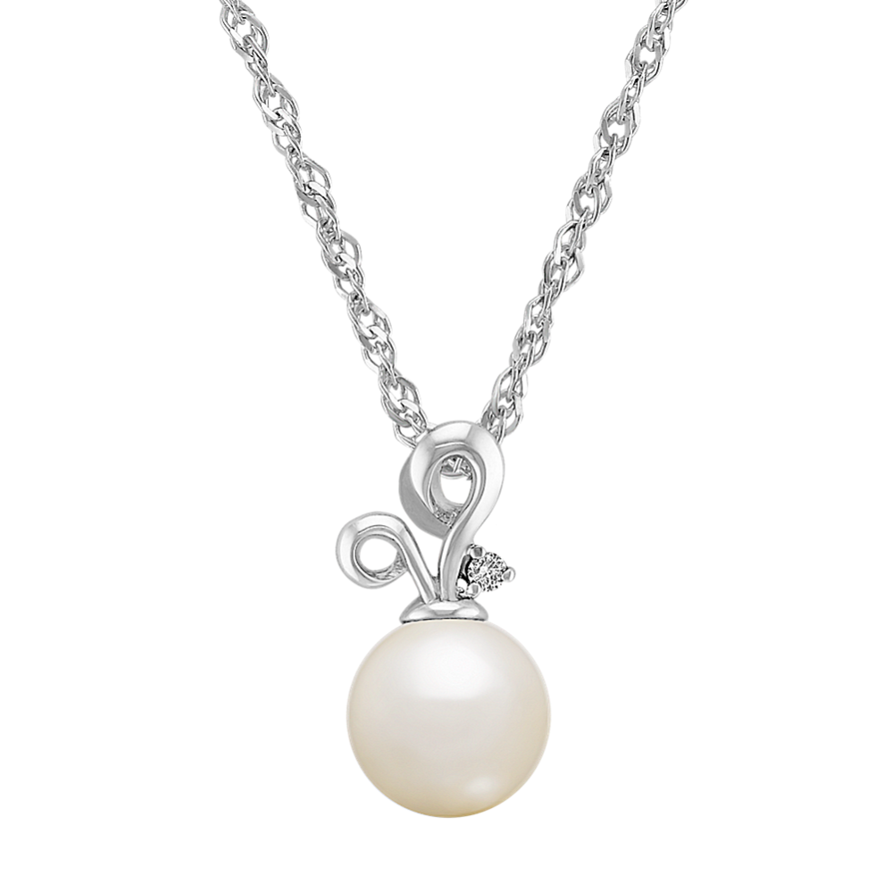 8.5mm Freshwater Cultured Pearl and Diamond Sterling Silver Pendant (18'')