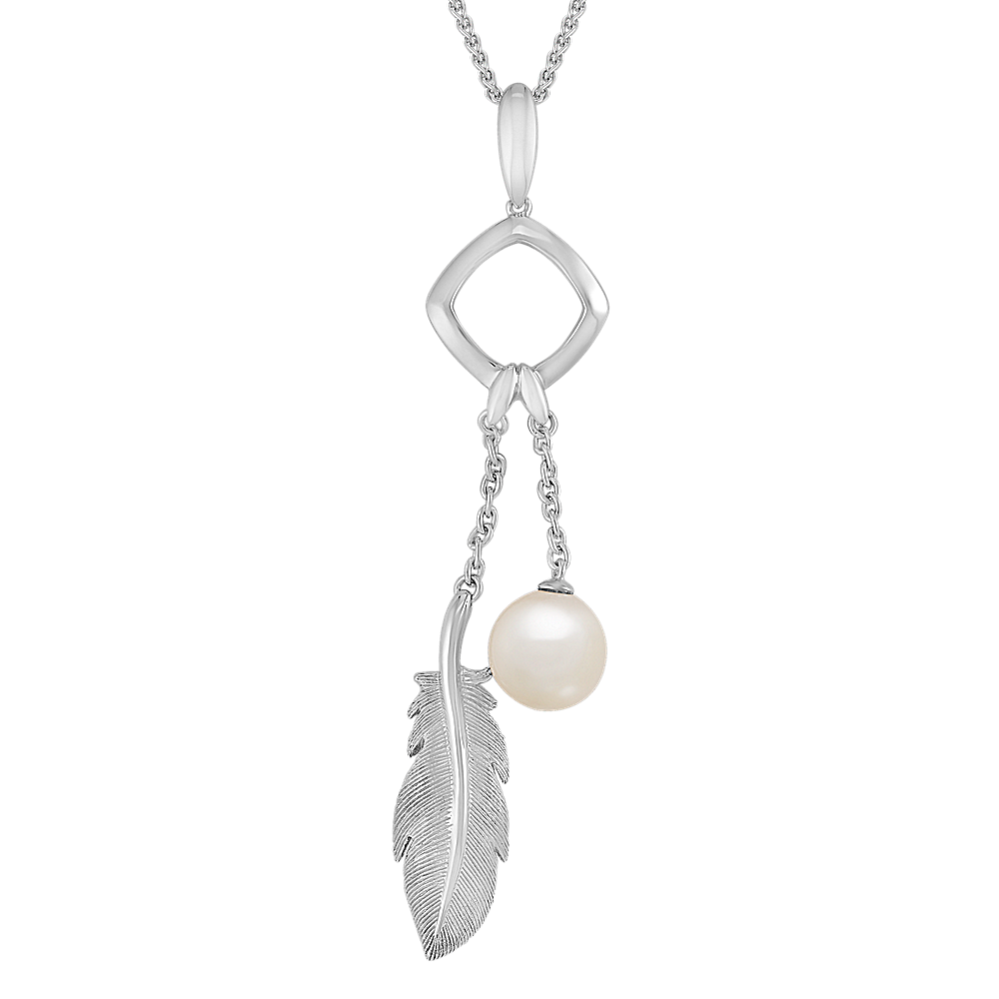 8.5mm Freshwater Cultured Pearl and Sterling Silver Feather Pendant (24 in)