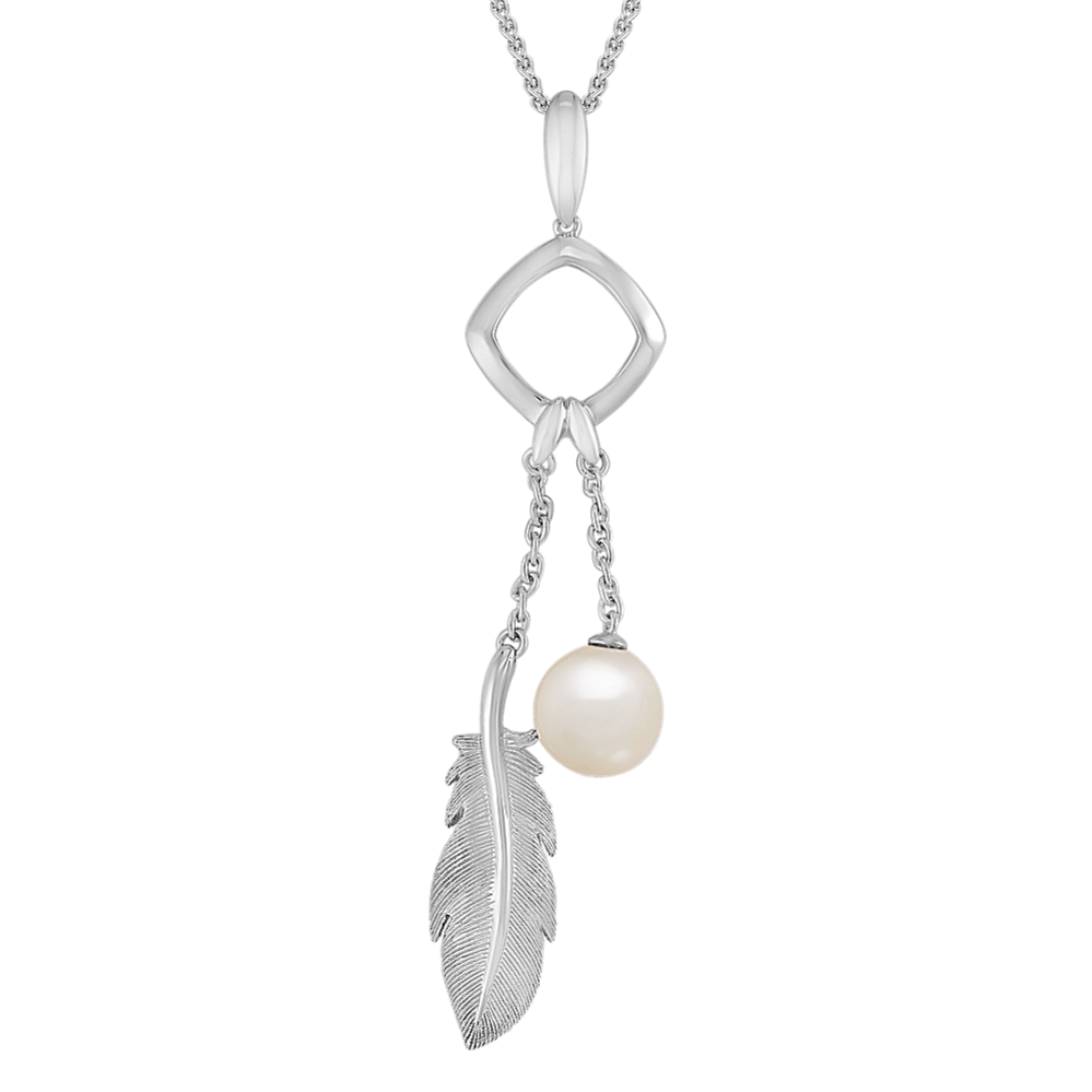 8.5mm Freshwater Cultured Pearl and Sterling Silver Feather Pendant (24'')