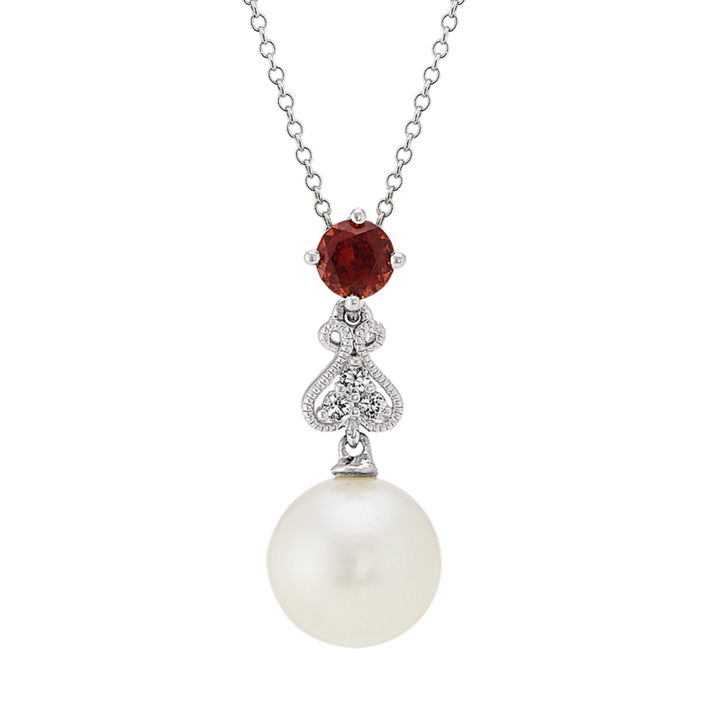 8.5mm Freshwater Cultured Pearl Garnet and White Sapphire Pendant (20 in)