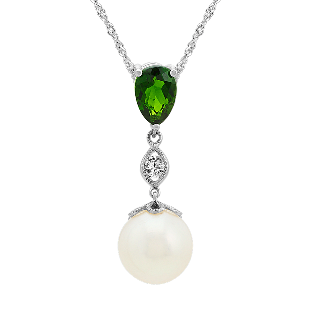 8.5mm Cultured Pearl Green Chrome Diopside and White Sapphire Pendant (20 in)