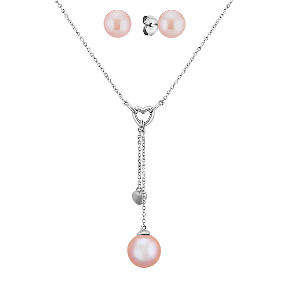 8.5mm Pink Freshwater Cultured Pearl Heart Necklace & Earring Set (18'')