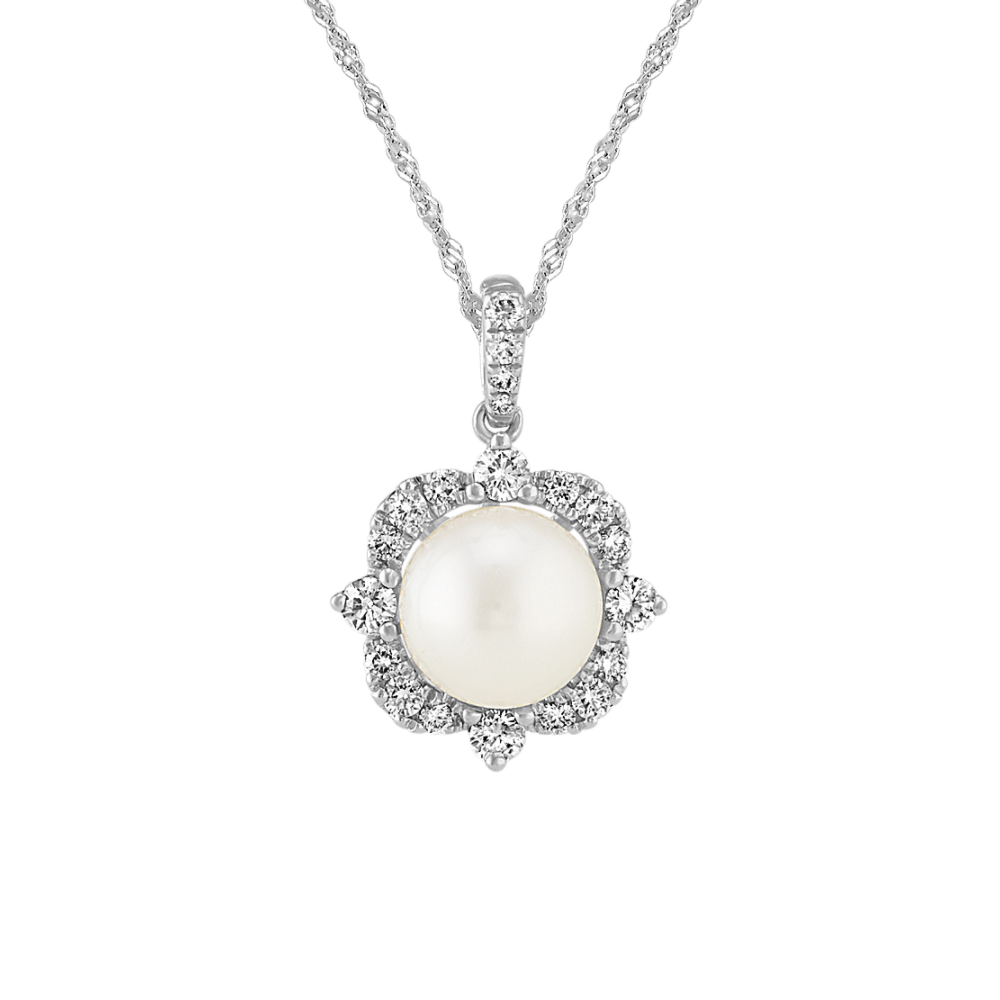 Musique 8mm Akoya Pearl and Natural Diamond Pendant in 14K White Gold (20 in)