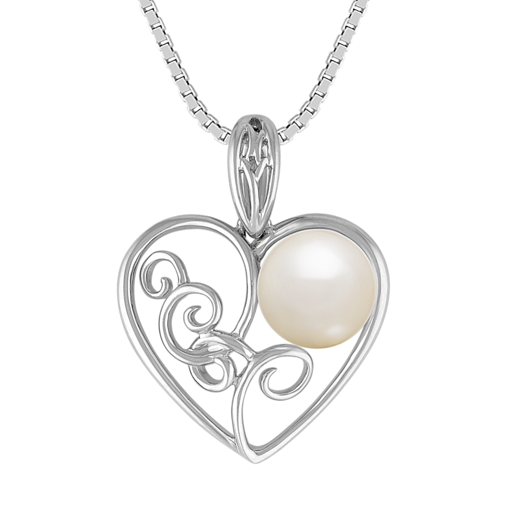 8mm Freshwater Cultured Pearl and Sterling Silver Heart Pendant (18'')