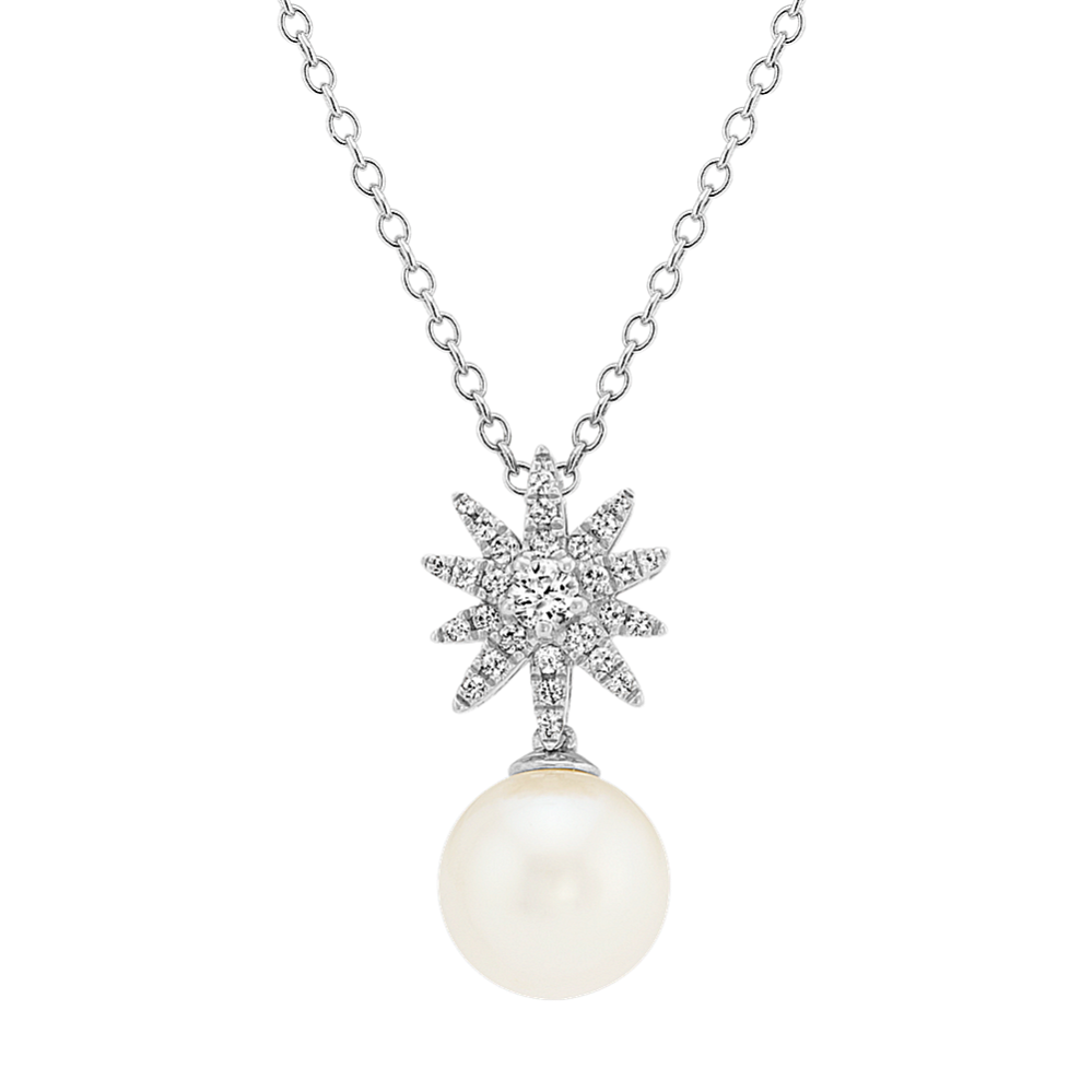 8mm Freshwater Cultured Pearl and White Sapphire Starburst Pendant (20'')