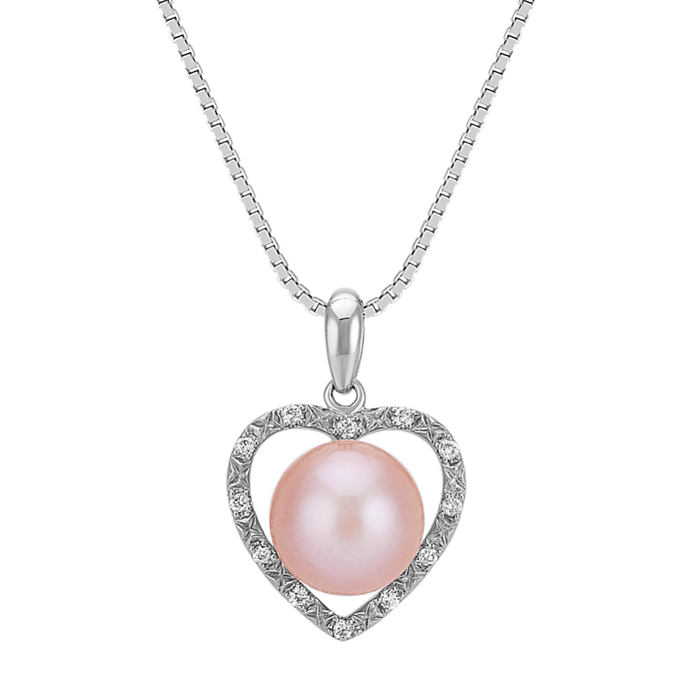 8mm Freshwater Pink Cultured Pearl and Round Diamond Heart Pendant (18'')