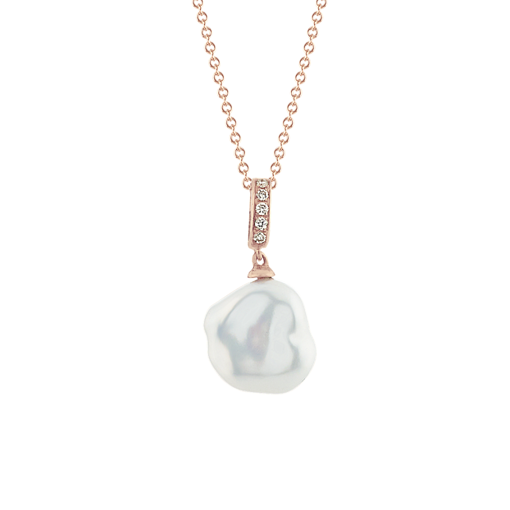 Nahla 8mm Freshwater Keshi Pearl and Natural Diamond Pendant in 14k Rose Gold (18 in)