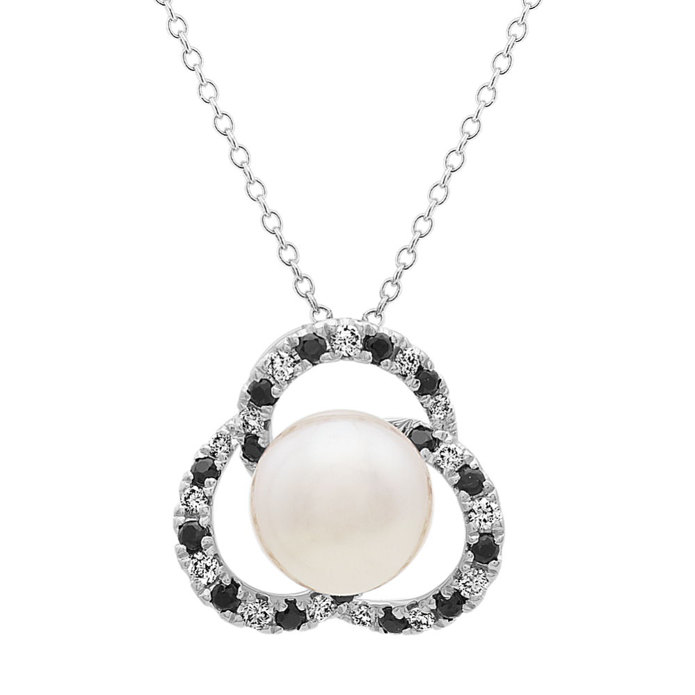 9mm Akoya Cultured Pearl Diamond and Black Sapphire Pendant (22 in)