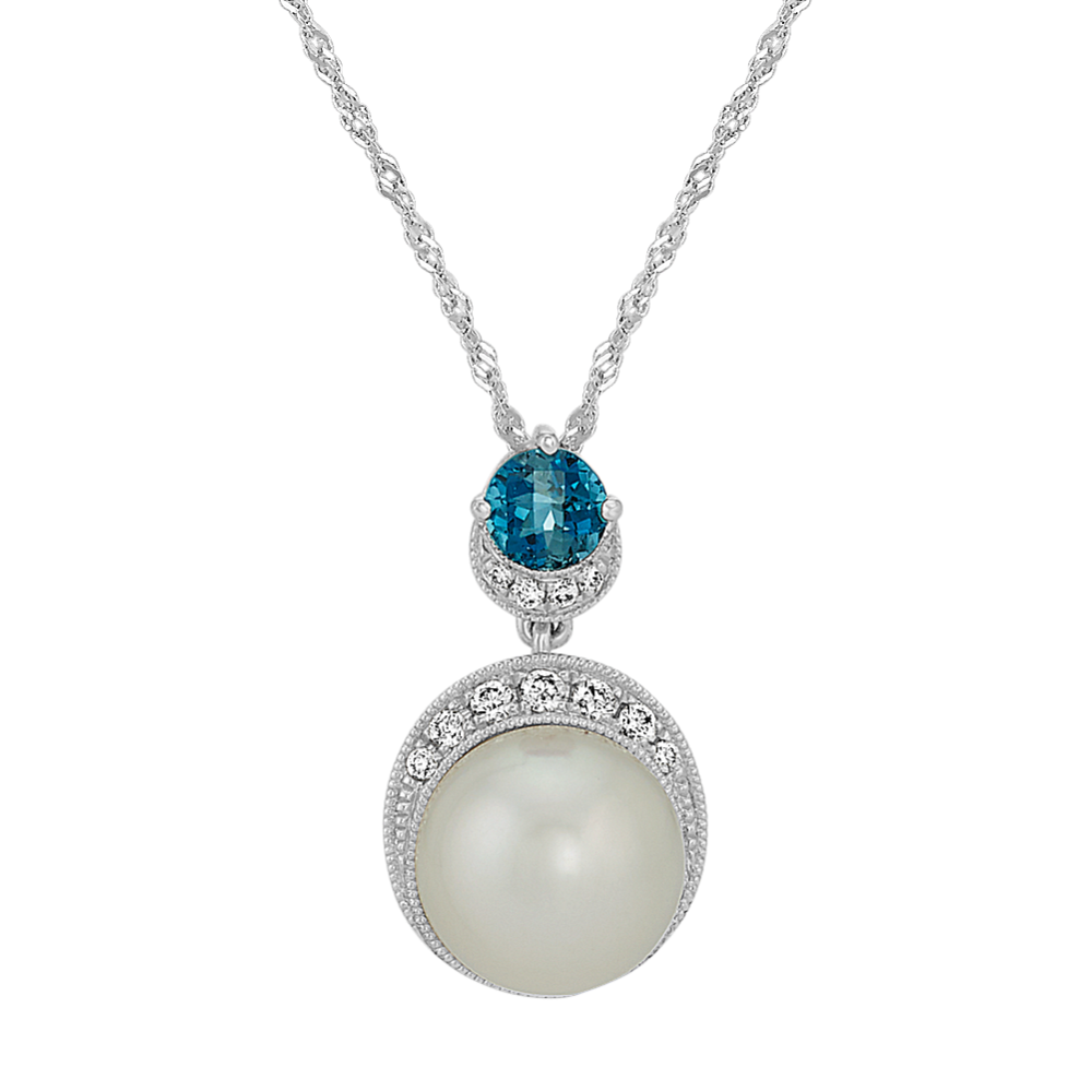 9mm Freshwater Cultured Pearl London Blue Topaz Diamond Pendant
