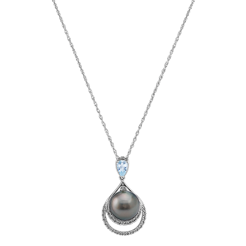 9mm Tahitian Cultured Pearl Aquamarine & Diamond Pendant (20 in)