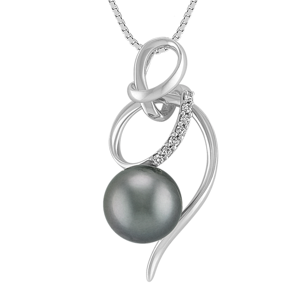 9mm Tahitian Cultured Pearl and Diamond Swirl Pendant (18 in)