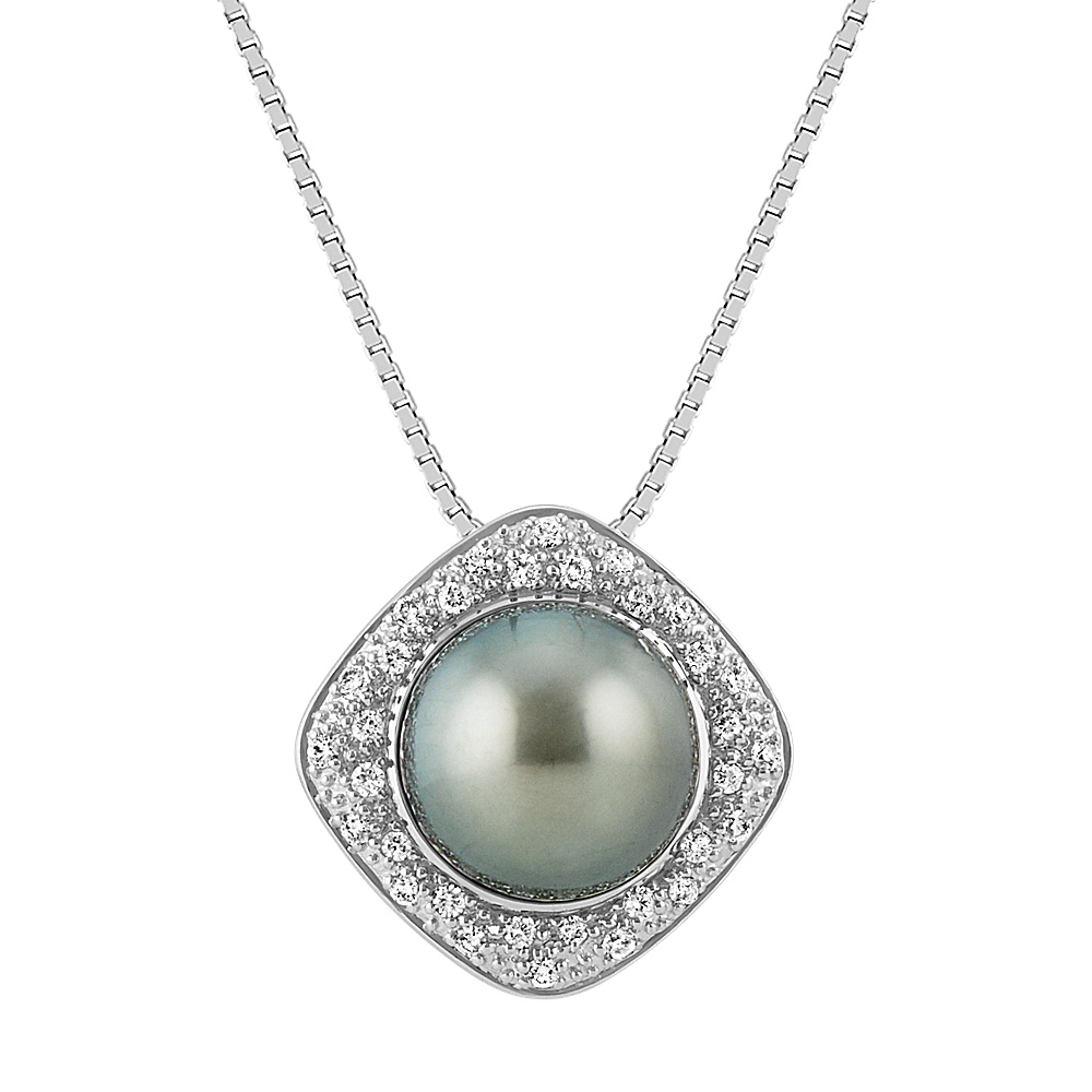 9mm Tahitian Cultured Pearl And Round Diamond Pendant In 14k White Gold Shane Co 6196