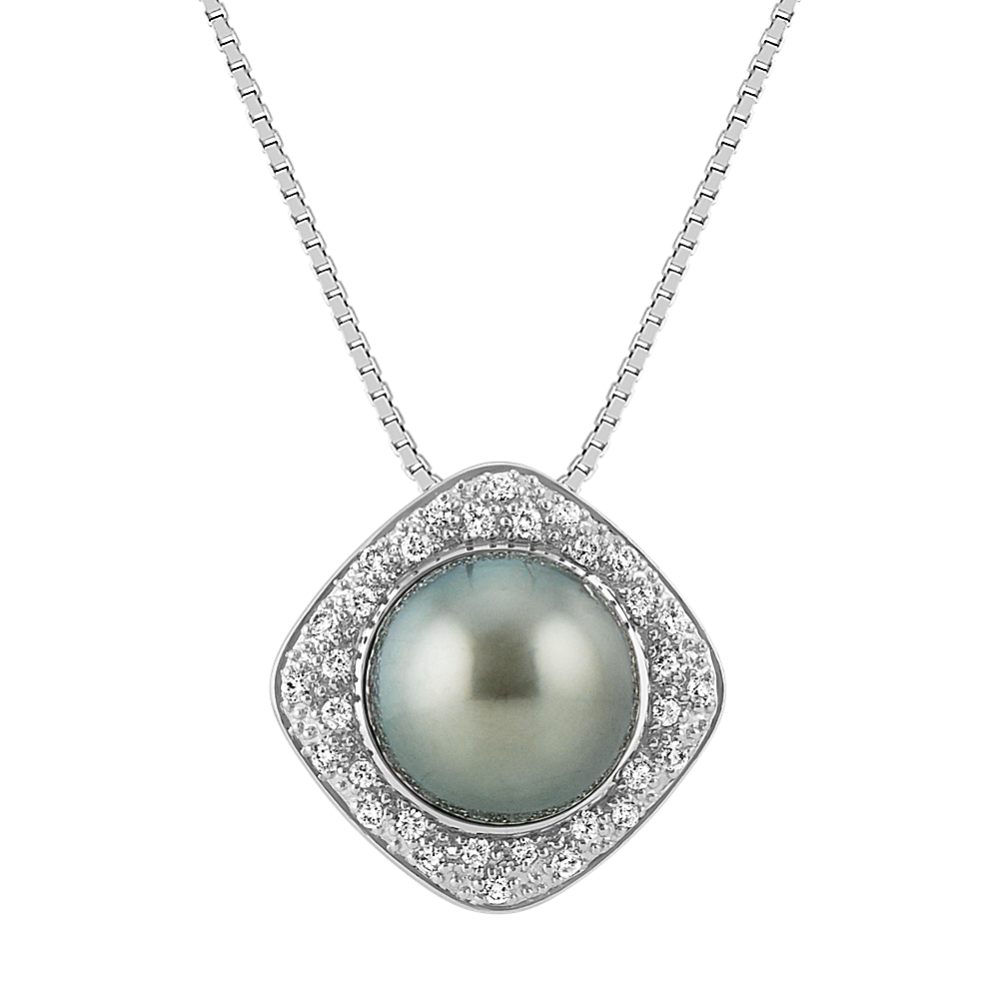 9mm Tahitian Cultured Pearl and Round Diamond Pendant in 14k White Gold