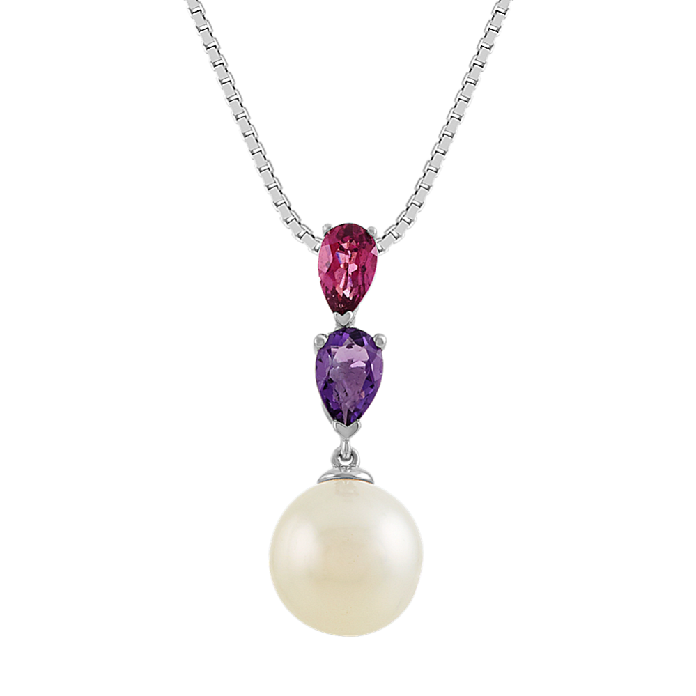 9mm Freshwater Cultured Pearl Amethyst and Garnet Pendant (20 in)
