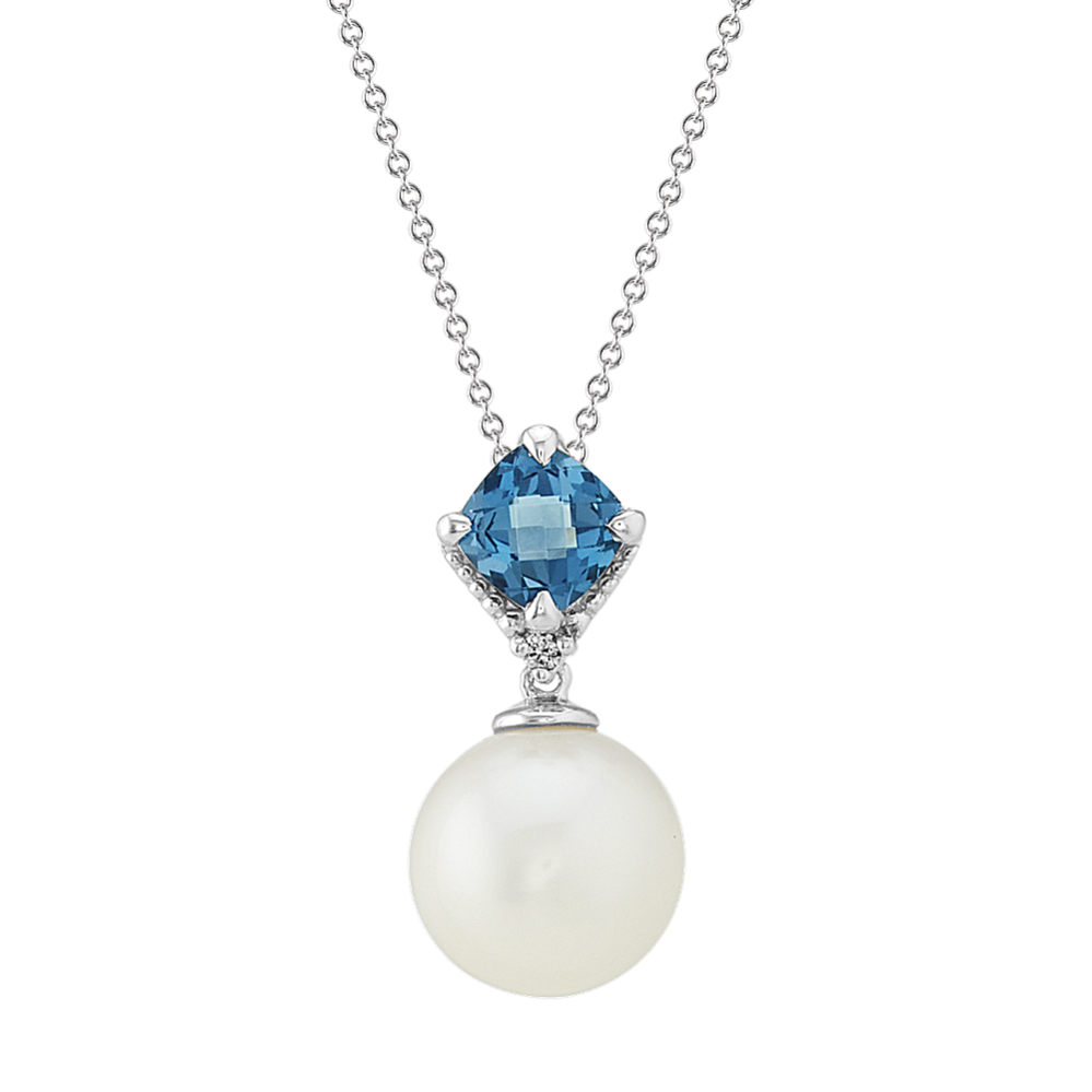 9mm Freshwater Cultured Pearl London Blue Topaz and Diamond Pendant (20 in)