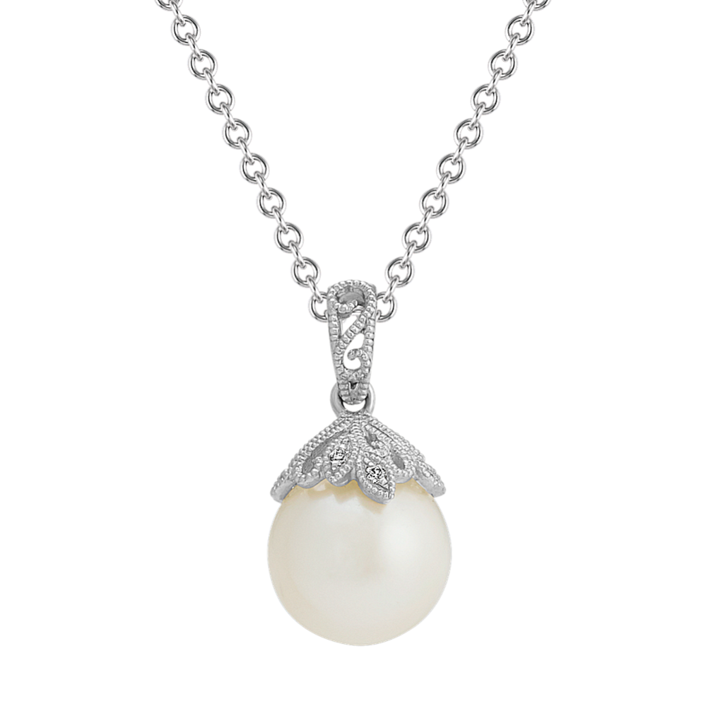 9mm Freshwater Cultured Pearl & Diamond Vintage Pendant (20 in)