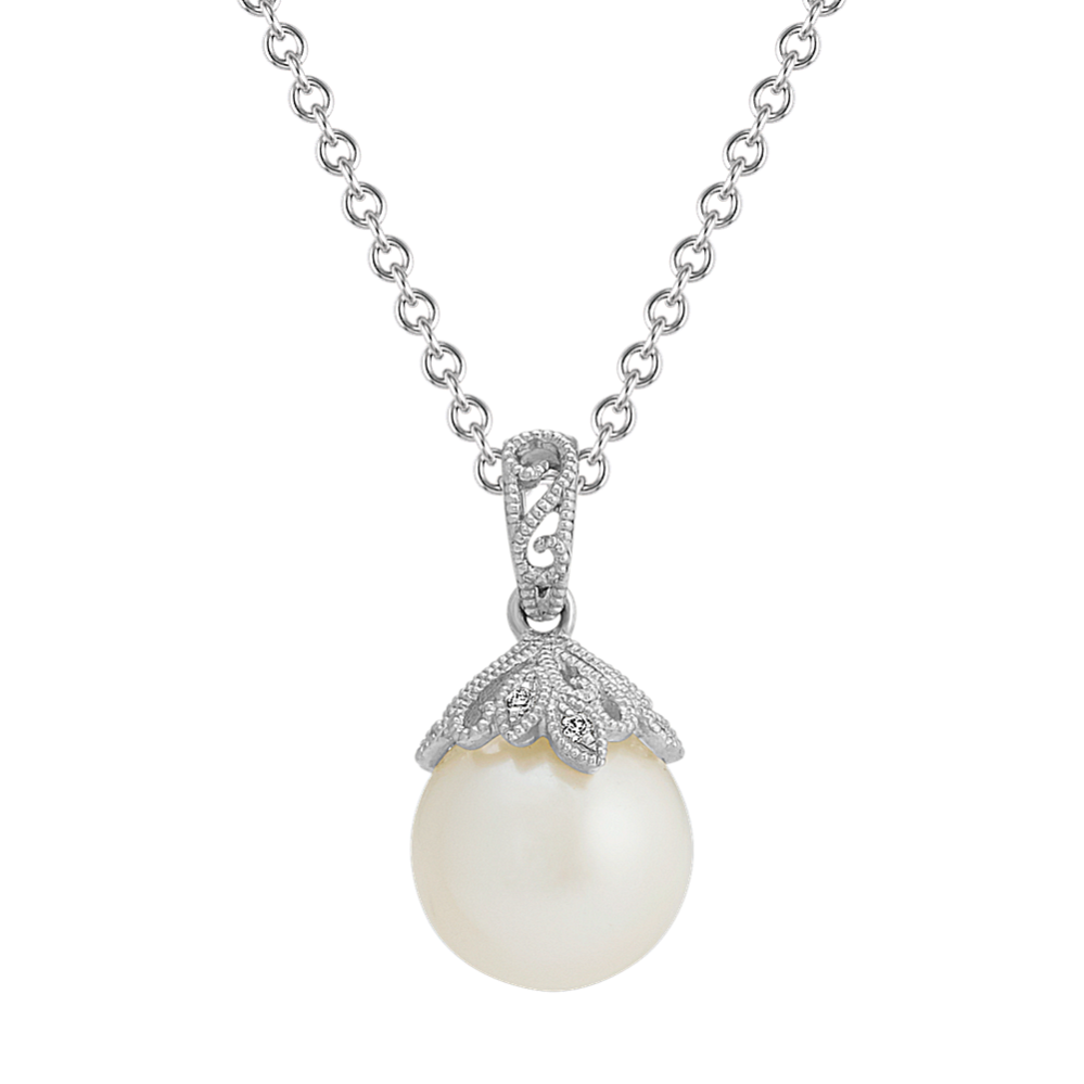 9mm Freshwater Cultured Pearl & Diamond Vintage Pendant (20'')