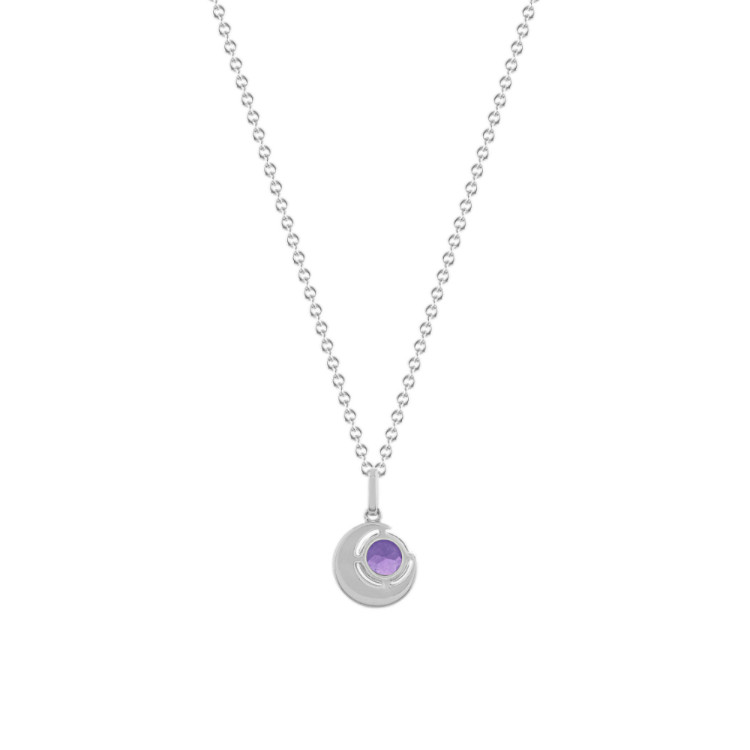 Aurora Natural Amethyst and White Natural Sapphire Crescent Pendant in Sterling Silver (20 in)