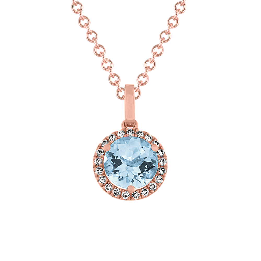 Zurich Natural Aquamarine and Natural Diamond Halo Pendant in 14K Rose Gold (18 in)