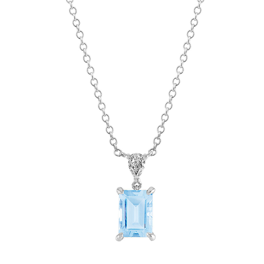 Aquamarine & Diamond Pendant in 14k White Gold (18 in)