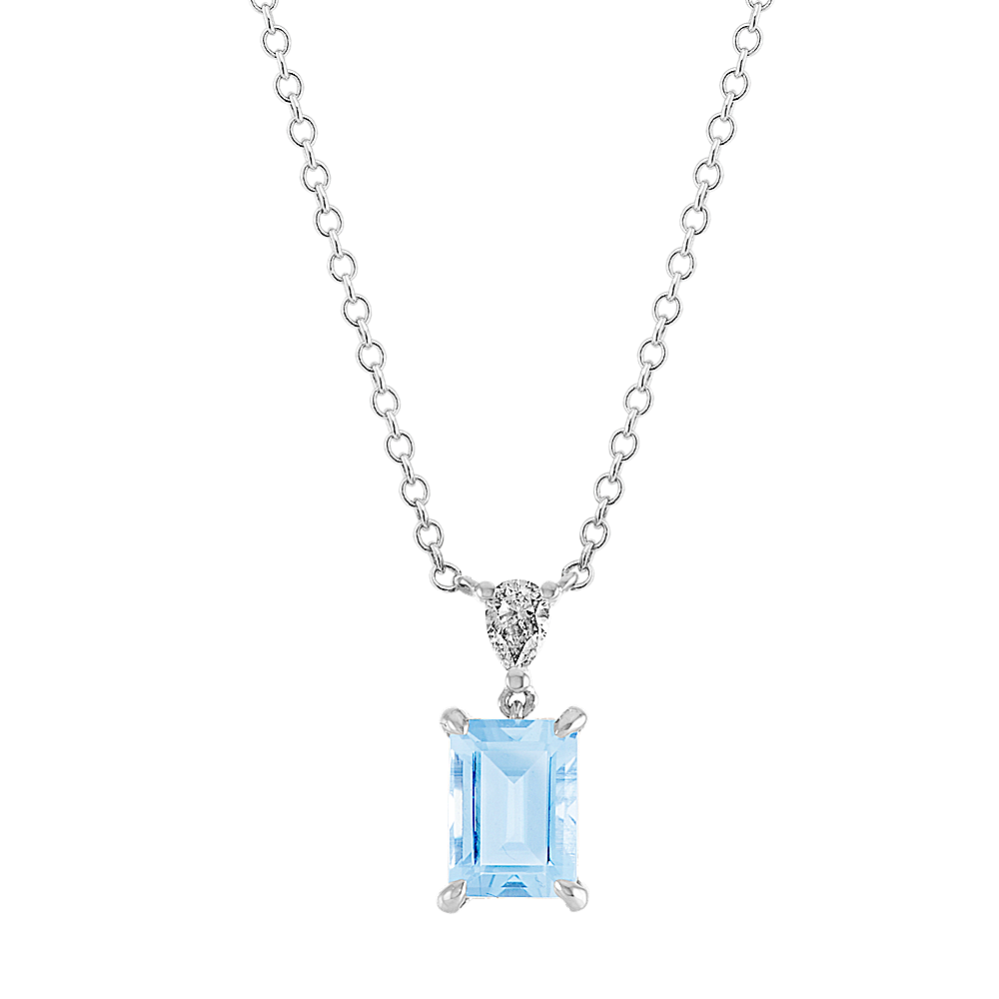Aquamarine & Diamond Pendant in 14k White Gold (18'')