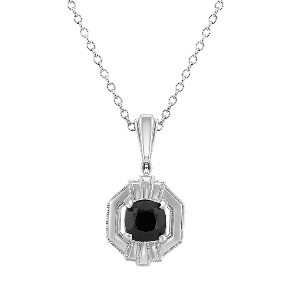Zelda Art Deco Black Sapphire Pendant in Sterling Silver (20'')