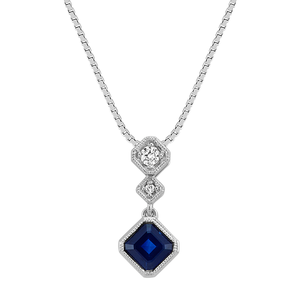 Asscher Cut Traditional Sapphire and Diamond Three-Stone Pendant (18'')
