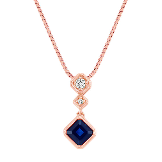 Asscher Cut Traditional Sapphire and Diamond Three-Stone Pendant (18 in ...