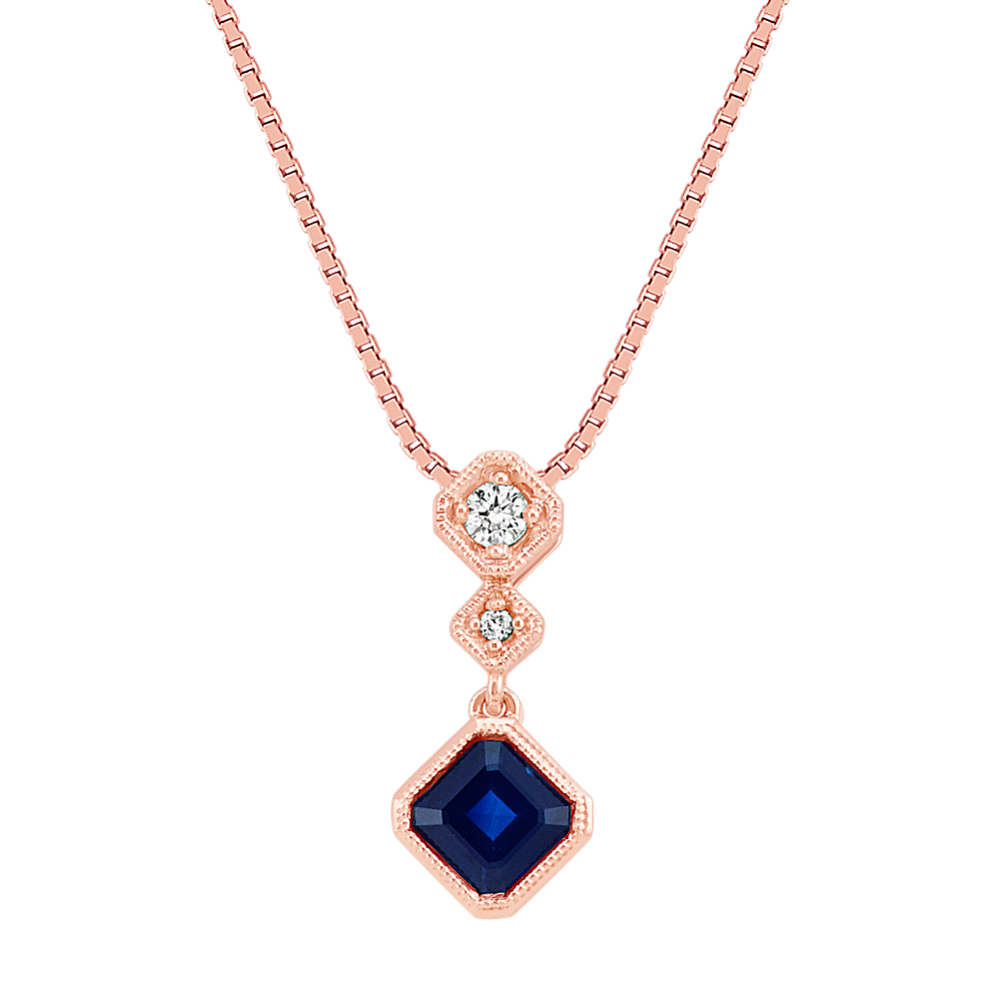 Asscher Cut Traditional Sapphire and Diamond Three-Stone Pendant (18'')