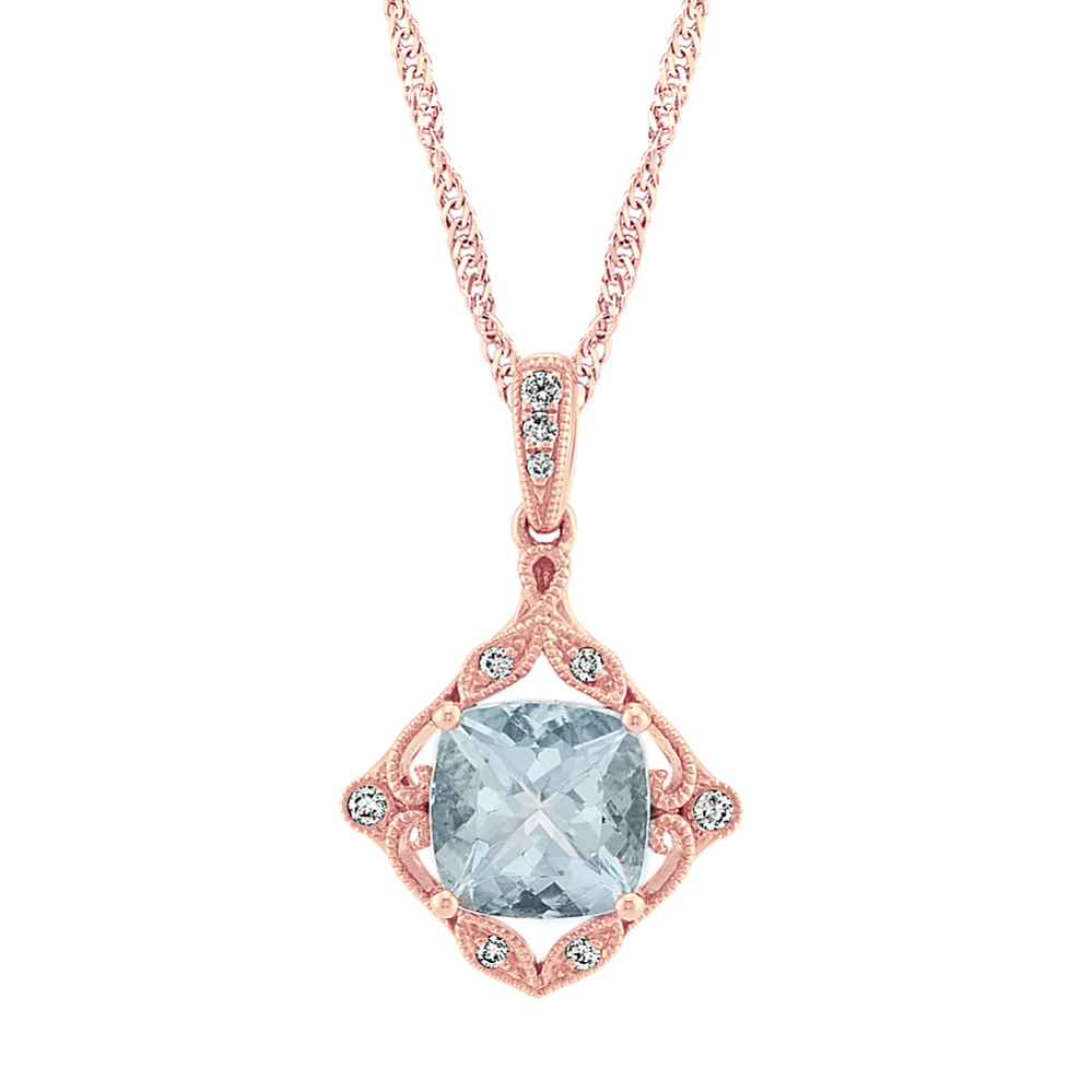 Aster Vintage Aquamarine and Diamond Pendant in 14K Rose Gold (20 in)