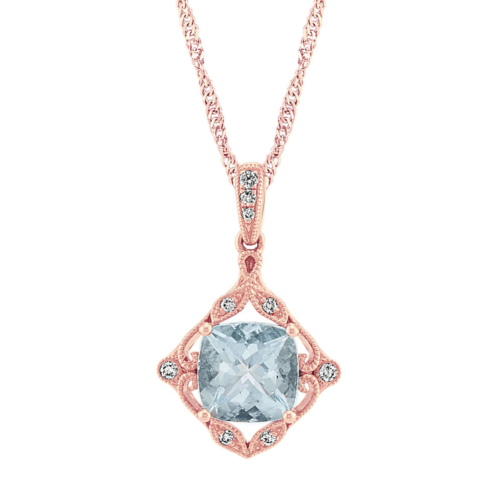 Aster Vintage Aquamarine and Diamond Pendant in 14K Rose Gold (20'')