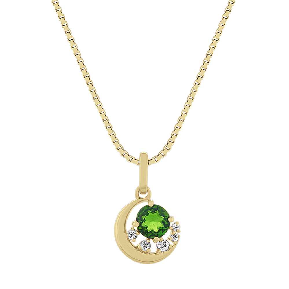 Aurora Chrome Diopside and Diamond Pendant in 14k Yellow Gold