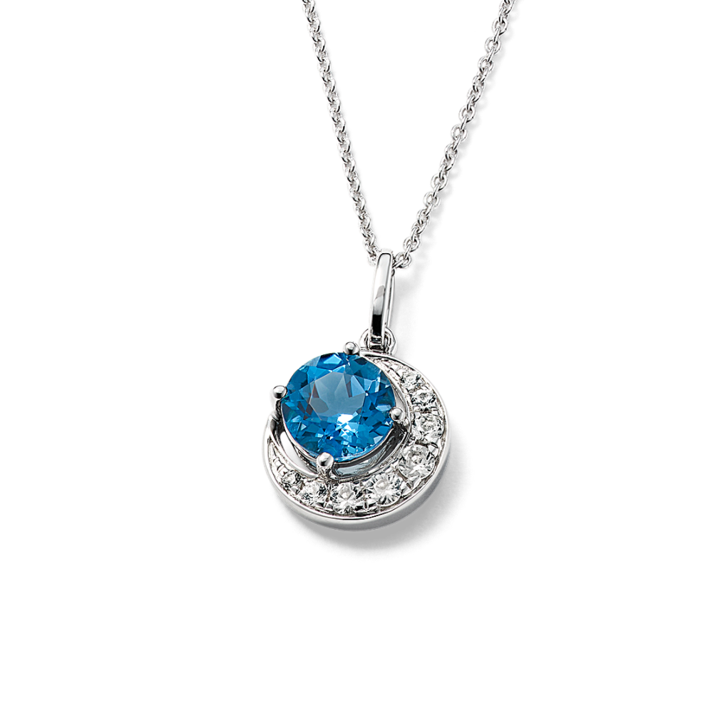 Aurora Natural Blue Topaz and White Natural Sapphire Crescent Pendant in Sterling Silver (20 in)