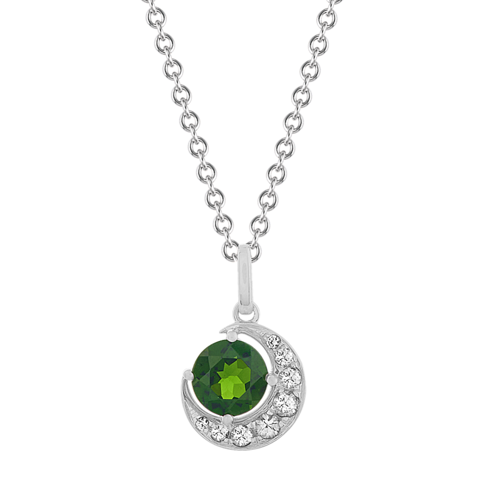 Aurora Chrome Diopside and White Sapphire Crescent Pendant (20'')