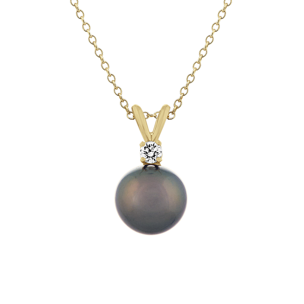 Ayla 9mm Cultured Tahitian Pearl and Natural Diamond Pendant in 14K Yellow Gold (18 in)