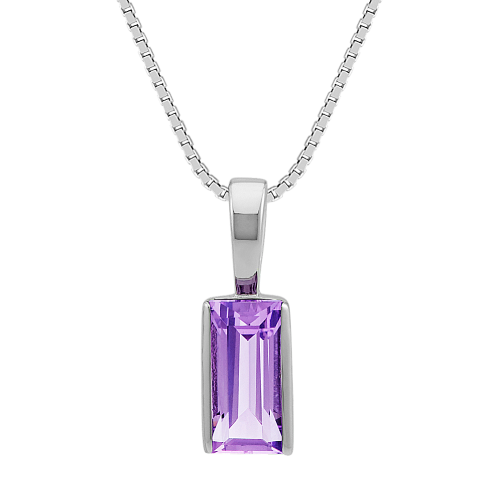 Baguette Amethyst Solitaire Pendant in Sterling Silver (18 in)