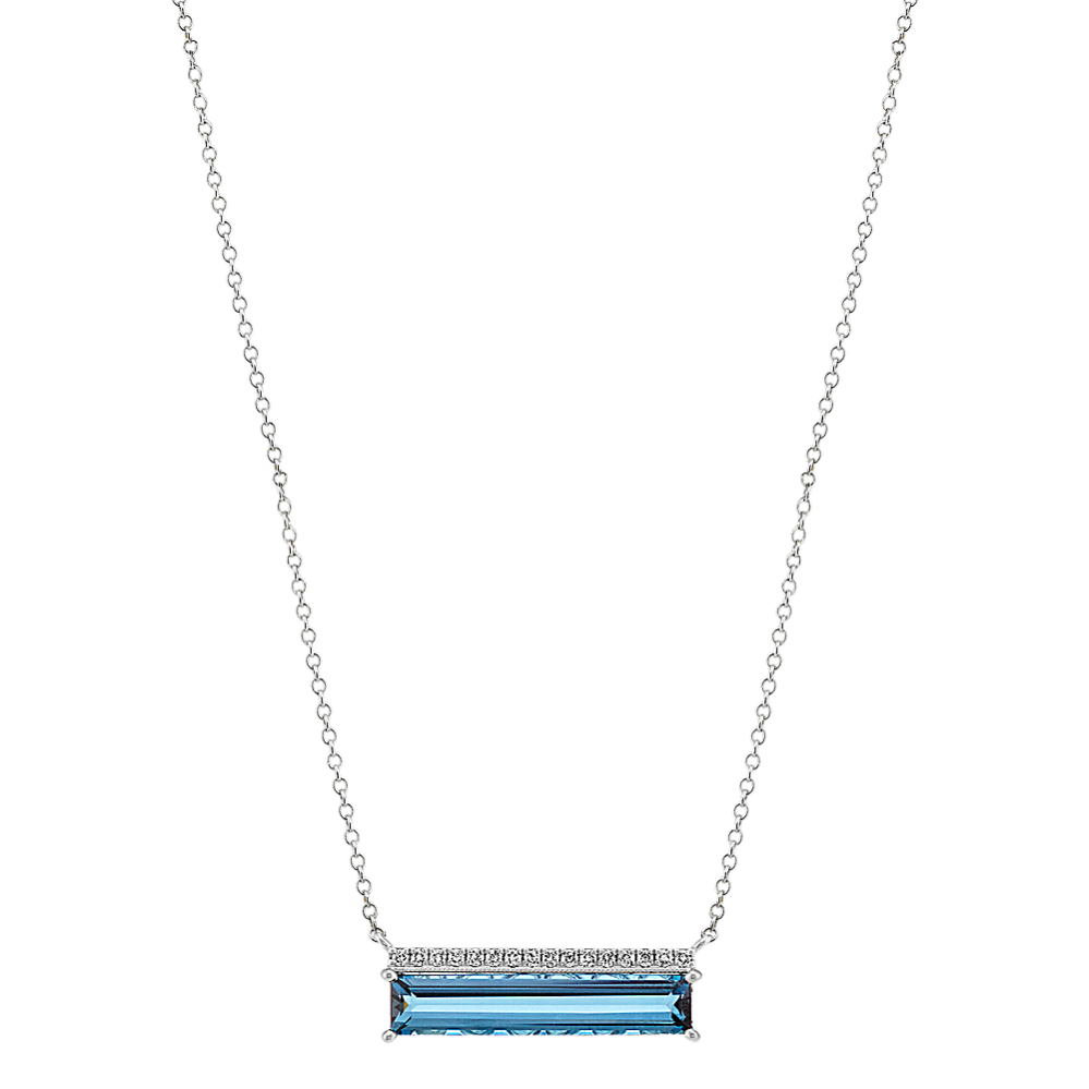 Baguette London Blue Topaz and Diamond Necklace in 14k White Gold (18 in)