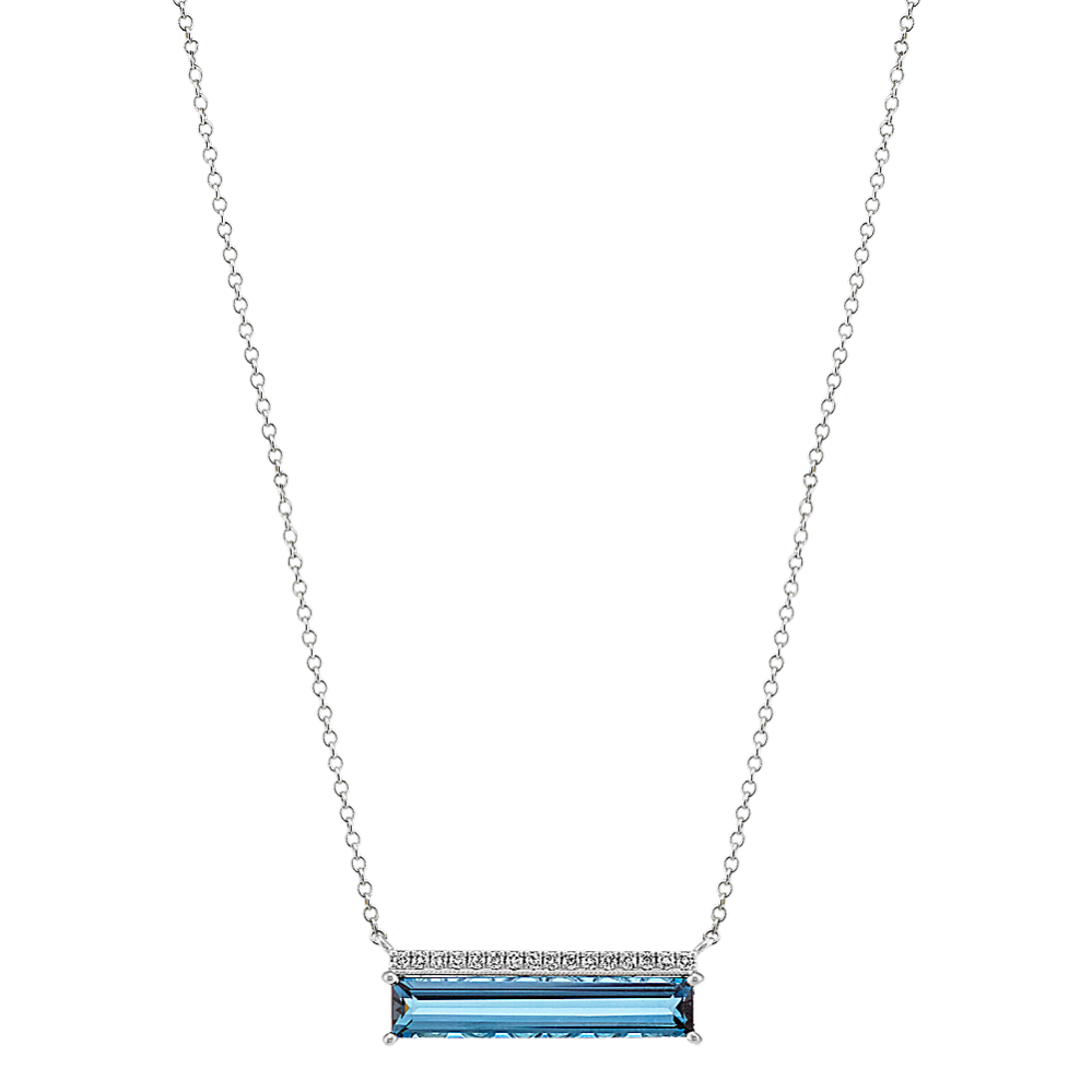 Baguette London Blue Topaz and Diamond Necklace in 14k White Gold (18'')