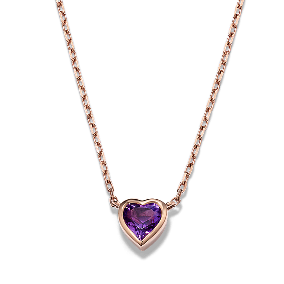 Bezel-Set Amethyst Heart Pendant in 14K Rose Gold (20 in)