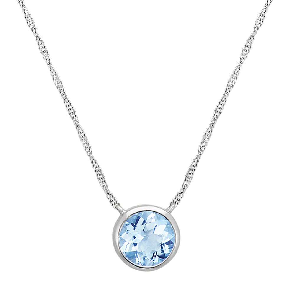 Bezel-Set Round Aquamarine Necklace in 14k White Gold (18 in)